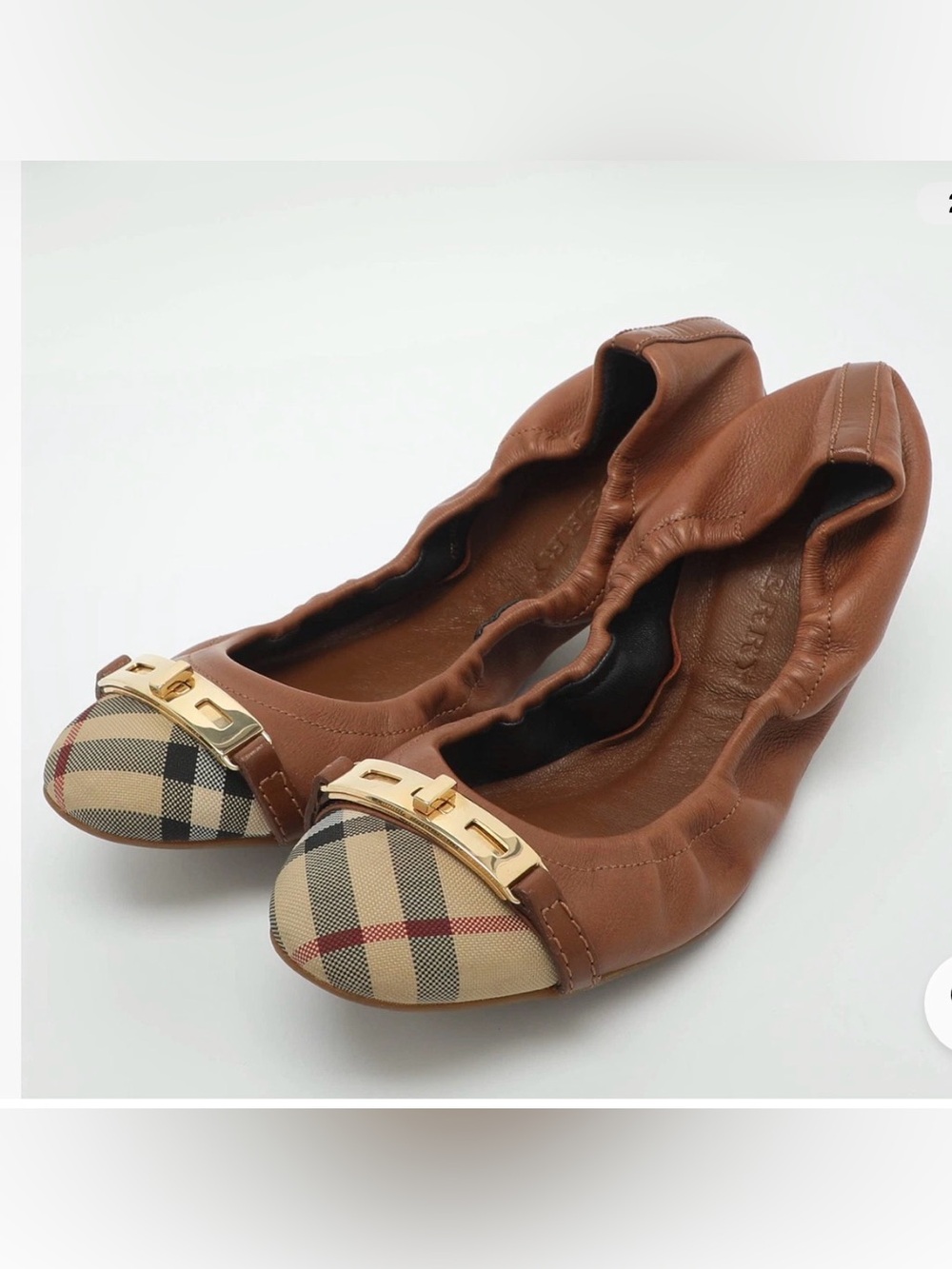 Burberry Tan Leather Ballet Flats with Plaid Toe and Gold Hardware